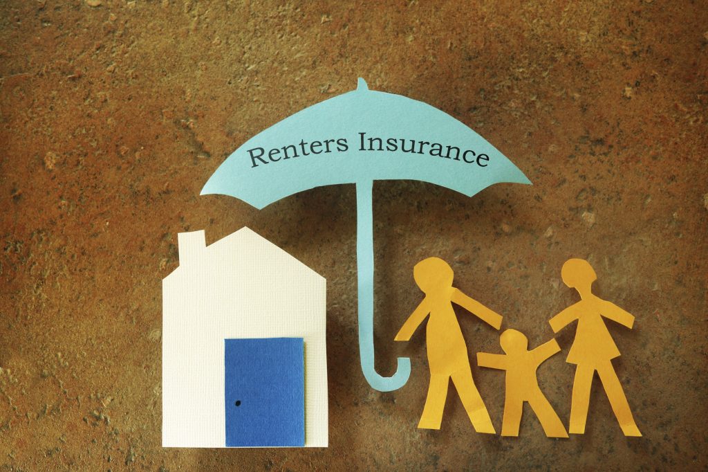 Paper cutout family with house under Renters Insurance umbrella